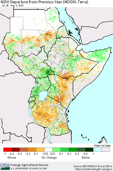 Eastern Africa NDVI Departure from Previous Year (Terra-MODIS) Thematic Map For 8/1/2019 - 8/10/2019