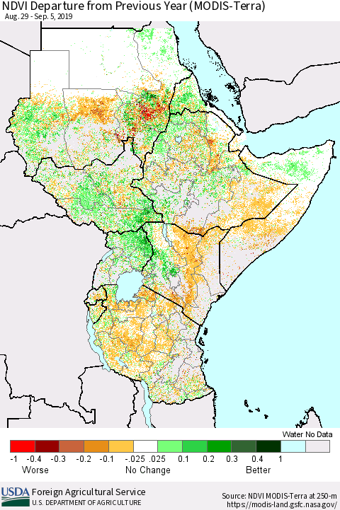 Eastern Africa NDVI Departure from Previous Year (Terra-MODIS) Thematic Map For 9/1/2019 - 9/10/2019