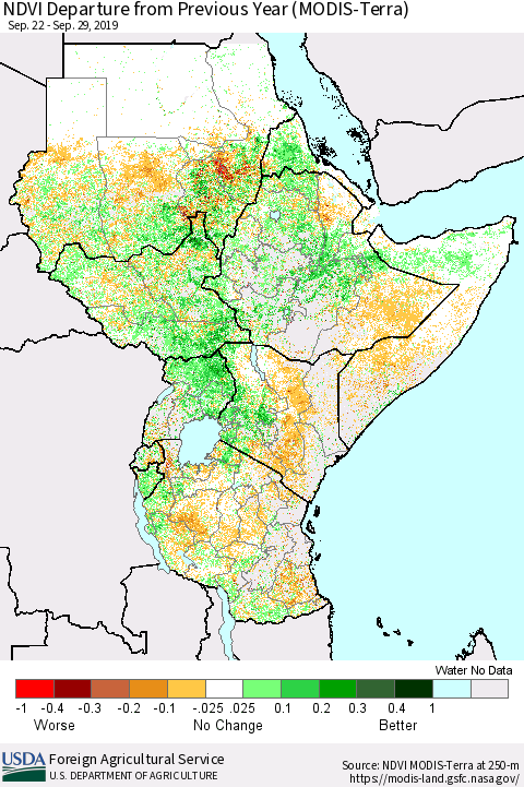Eastern Africa NDVI Departure from Previous Year (Terra-MODIS) Thematic Map For 9/21/2019 - 9/30/2019