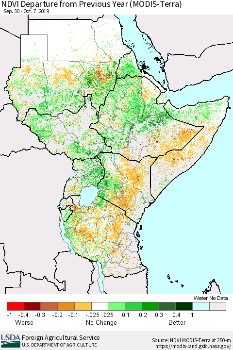 Eastern Africa NDVI Departure from Previous Year (Terra-MODIS) Thematic Map For 10/1/2019 - 10/10/2019