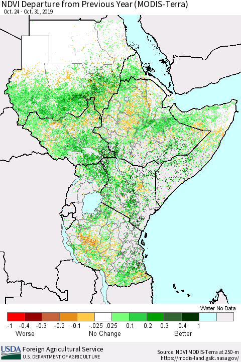 Eastern Africa NDVI Departure from Previous Year (Terra-MODIS) Thematic Map For 10/21/2019 - 10/31/2019