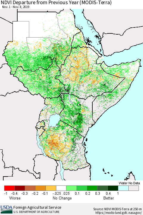 Eastern Africa NDVI Departure from Previous Year (Terra-MODIS) Thematic Map For 11/1/2019 - 11/10/2019