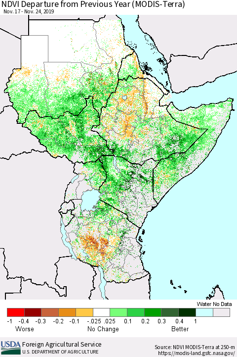 Eastern Africa NDVI Departure from Previous Year (Terra-MODIS) Thematic Map For 11/21/2019 - 11/30/2019