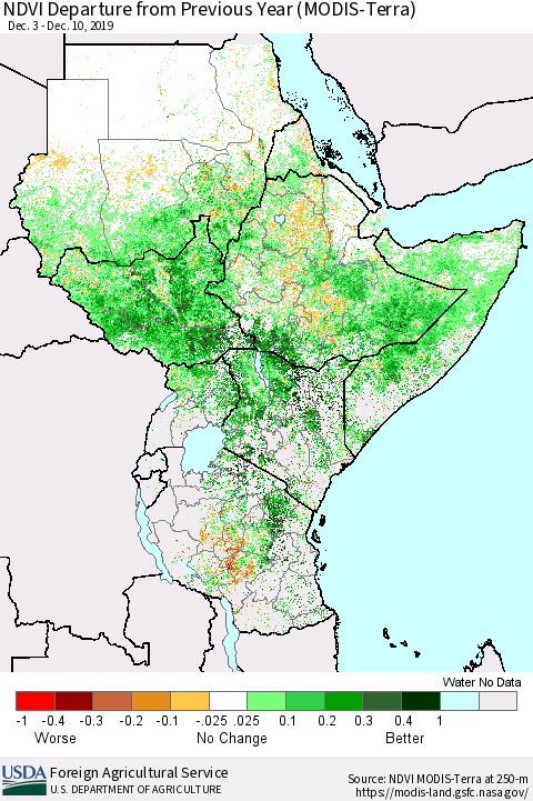 Eastern Africa NDVI Departure from Previous Year (Terra-MODIS) Thematic Map For 12/1/2019 - 12/10/2019