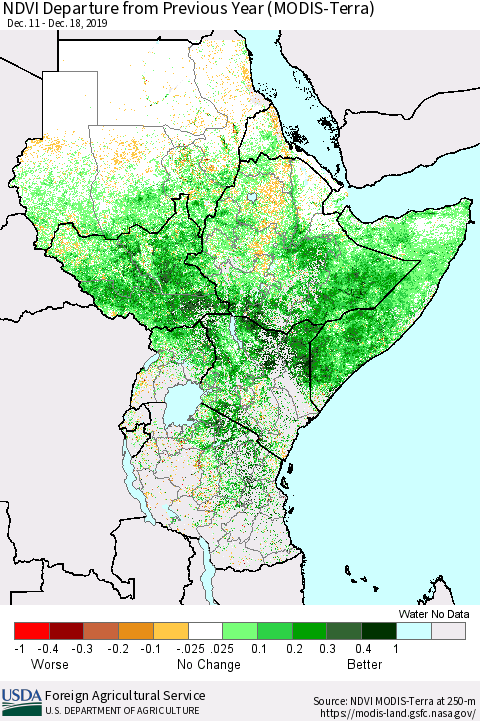 Eastern Africa NDVI Departure from Previous Year (Terra-MODIS) Thematic Map For 12/11/2019 - 12/20/2019