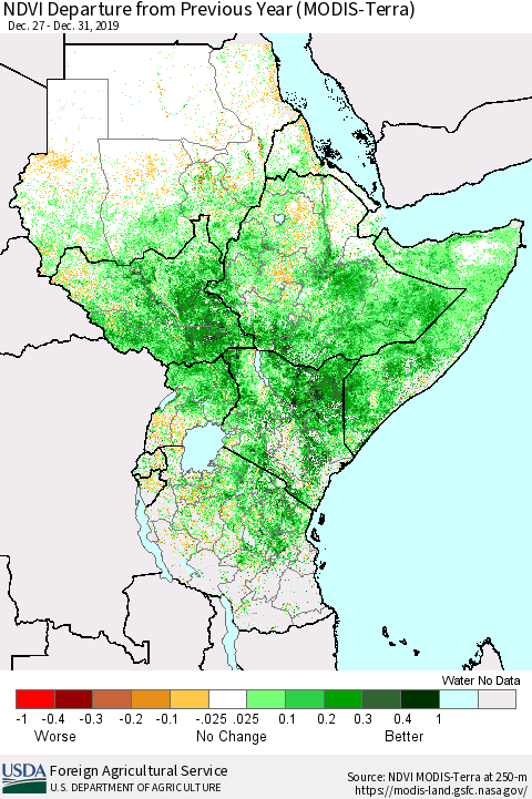 Eastern Africa NDVI Departure from Previous Year (Terra-MODIS) Thematic Map For 12/21/2019 - 12/31/2019