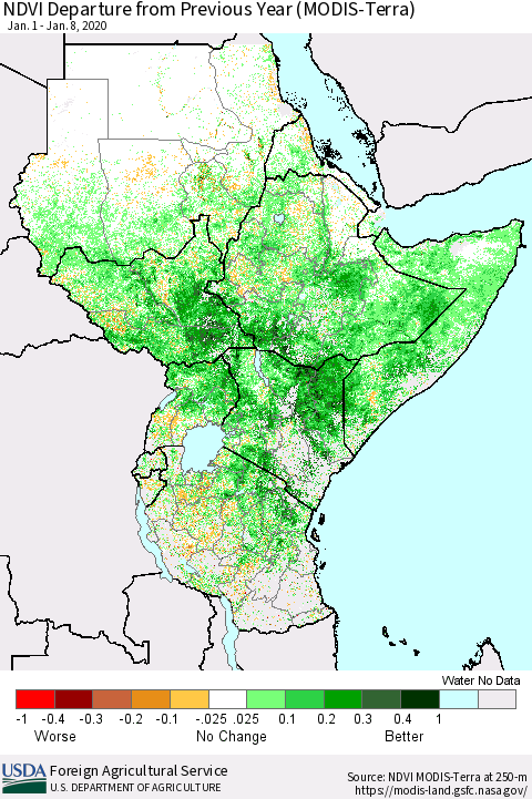 Eastern Africa NDVI Departure from Previous Year (Terra-MODIS) Thematic Map For 1/1/2020 - 1/10/2020
