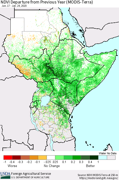 Eastern Africa NDVI Departure from Previous Year (Terra-MODIS) Thematic Map For 1/21/2020 - 1/31/2020