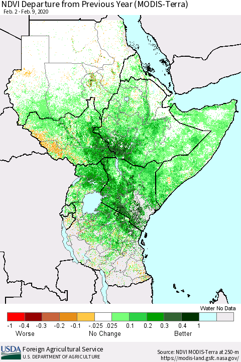 Eastern Africa NDVI Departure from Previous Year (Terra-MODIS) Thematic Map For 2/1/2020 - 2/10/2020