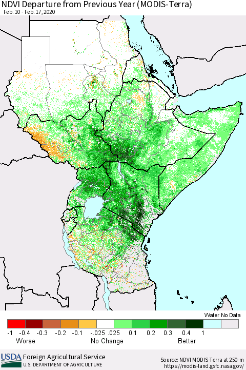 Eastern Africa NDVI Departure from Previous Year (Terra-MODIS) Thematic Map For 2/11/2020 - 2/20/2020