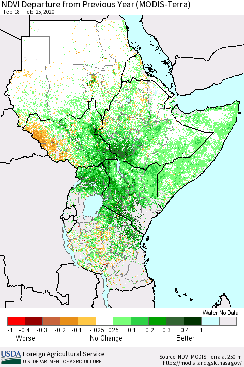 Eastern Africa NDVI Departure from Previous Year (Terra-MODIS) Thematic Map For 2/21/2020 - 2/29/2020