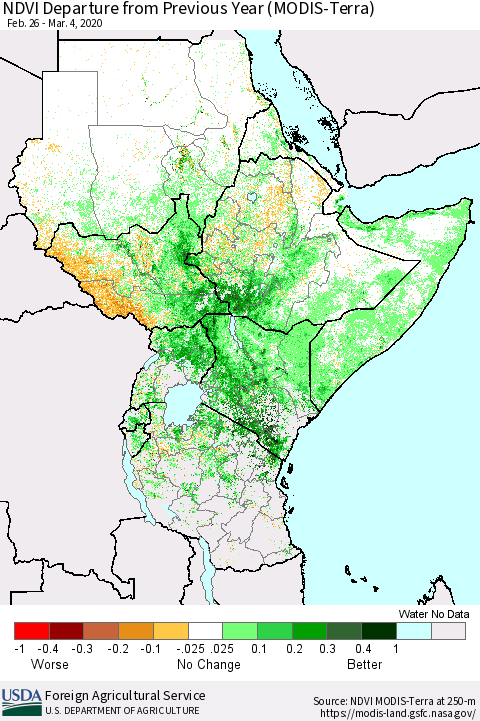 Eastern Africa NDVI Departure from Previous Year (Terra-MODIS) Thematic Map For 3/1/2020 - 3/10/2020