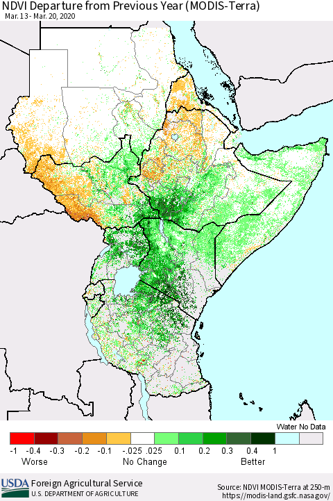 Eastern Africa NDVI Departure from Previous Year (Terra-MODIS) Thematic Map For 3/11/2020 - 3/20/2020