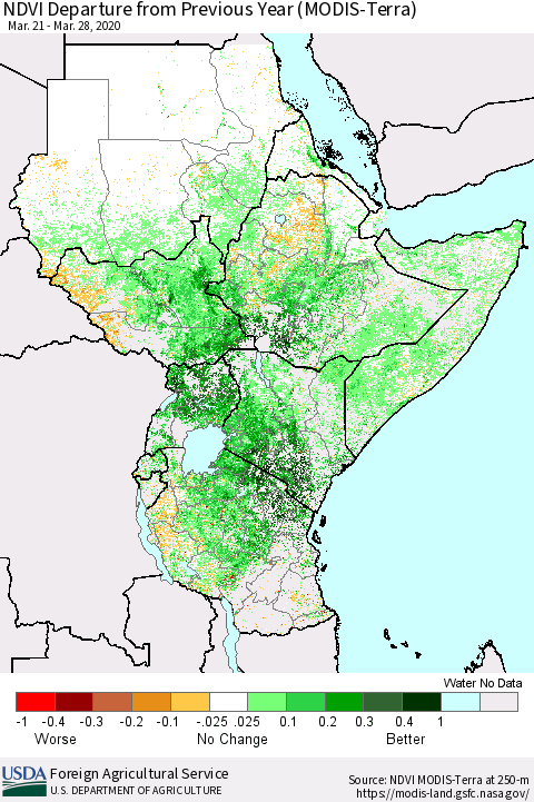 Eastern Africa NDVI Departure from Previous Year (Terra-MODIS) Thematic Map For 3/21/2020 - 3/31/2020