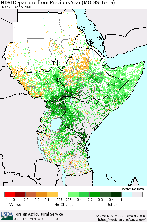 Eastern Africa NDVI Departure from Previous Year (Terra-MODIS) Thematic Map For 4/1/2020 - 4/10/2020