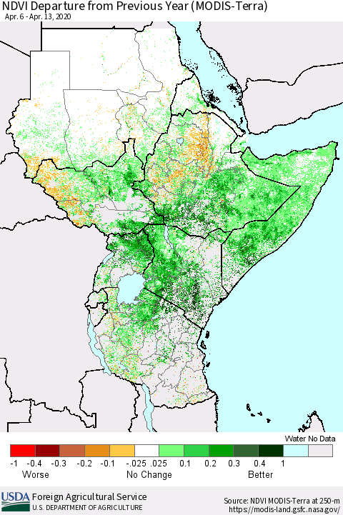 Eastern Africa NDVI Departure from Previous Year (Terra-MODIS) Thematic Map For 4/11/2020 - 4/20/2020