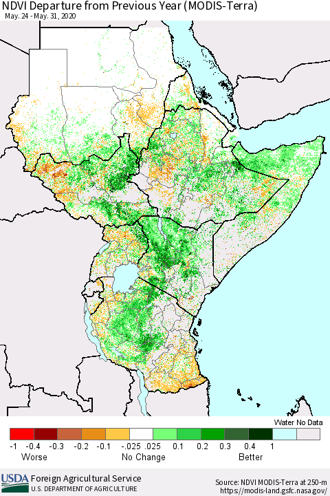 Eastern Africa NDVI Departure from Previous Year (Terra-MODIS) Thematic Map For 5/21/2020 - 5/31/2020