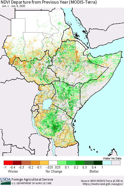Eastern Africa NDVI Departure from Previous Year (Terra-MODIS) Thematic Map For 6/1/2020 - 6/10/2020