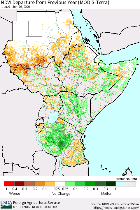 Eastern Africa NDVI Departure from Previous Year (Terra-MODIS) Thematic Map For 6/11/2020 - 6/20/2020