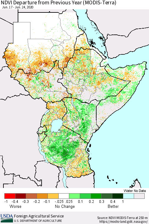 Eastern Africa NDVI Departure from Previous Year (Terra-MODIS) Thematic Map For 6/21/2020 - 6/30/2020