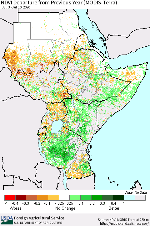 Eastern Africa NDVI Departure from Previous Year (Terra-MODIS) Thematic Map For 7/1/2020 - 7/10/2020