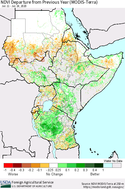 Eastern Africa NDVI Departure from Previous Year (Terra-MODIS) Thematic Map For 7/11/2020 - 7/20/2020