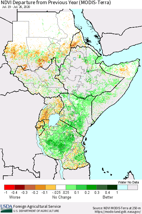 Eastern Africa NDVI Departure from Previous Year (Terra-MODIS) Thematic Map For 7/21/2020 - 7/31/2020