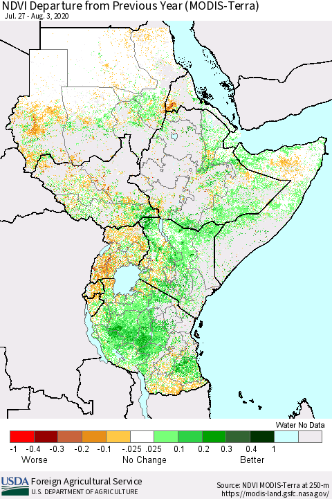 Eastern Africa NDVI Departure from Previous Year (Terra-MODIS) Thematic Map For 8/1/2020 - 8/10/2020