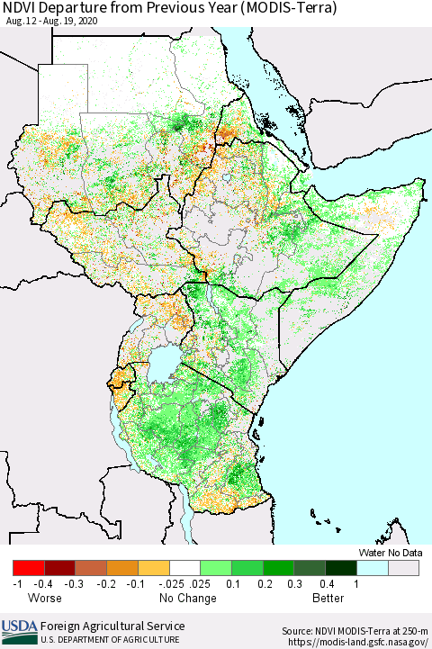 Eastern Africa NDVI Departure from Previous Year (Terra-MODIS) Thematic Map For 8/11/2020 - 8/20/2020