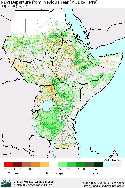 Eastern Africa NDVI Departure from Previous Year (Terra-MODIS) Thematic Map For 8/21/2020 - 8/31/2020