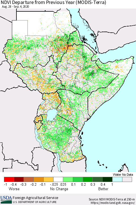 Eastern Africa NDVI Departure from Previous Year (Terra-MODIS) Thematic Map For 9/1/2020 - 9/10/2020