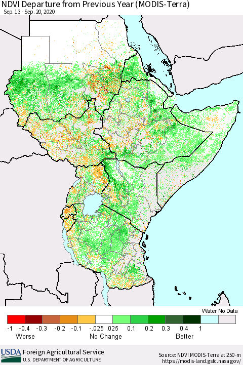 Eastern Africa NDVI Departure from Previous Year (Terra-MODIS) Thematic Map For 9/11/2020 - 9/20/2020