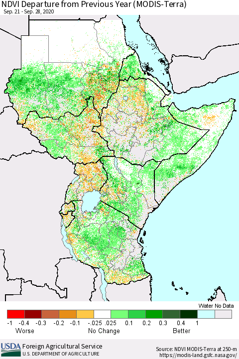 Eastern Africa NDVI Departure from Previous Year (Terra-MODIS) Thematic Map For 9/21/2020 - 9/30/2020