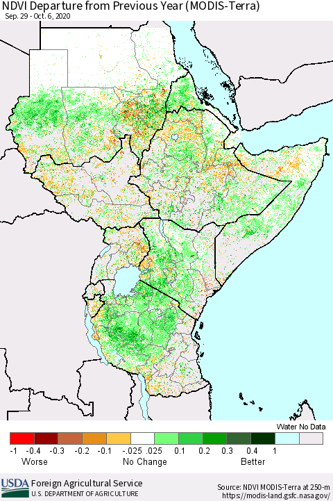 Eastern Africa NDVI Departure from Previous Year (Terra-MODIS) Thematic Map For 10/1/2020 - 10/10/2020