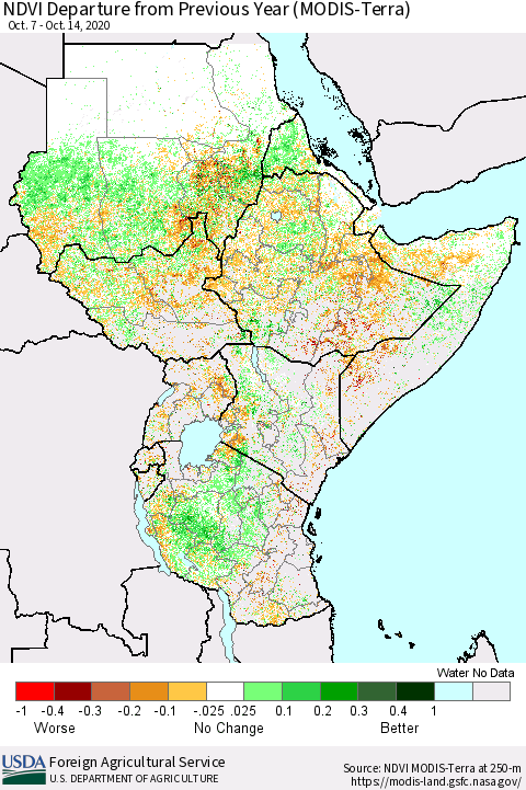 Eastern Africa NDVI Departure from Previous Year (Terra-MODIS) Thematic Map For 10/11/2020 - 10/20/2020