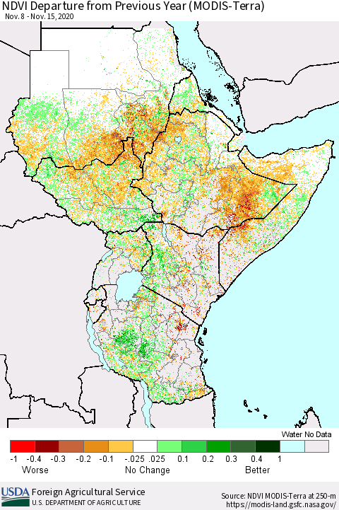 Eastern Africa NDVI Departure from Previous Year (MODIS-Terra) Thematic Map For 11/11/2020 - 11/20/2020
