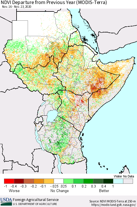 Eastern Africa NDVI Departure from Previous Year (Terra-MODIS) Thematic Map For 11/21/2020 - 11/30/2020