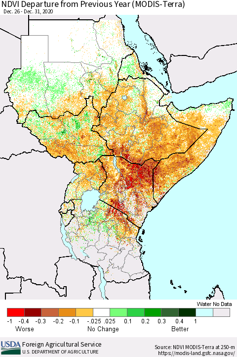 Eastern Africa NDVI Departure from Previous Year (Terra-MODIS) Thematic Map For 12/21/2020 - 12/31/2020