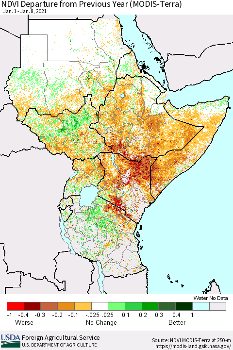 Eastern Africa NDVI Departure from Previous Year (Terra-MODIS) Thematic Map For 1/1/2021 - 1/10/2021