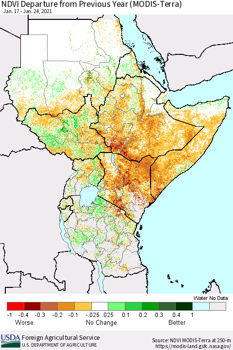 Eastern Africa NDVI Departure from Previous Year (Terra-MODIS) Thematic Map For 1/21/2021 - 1/31/2021