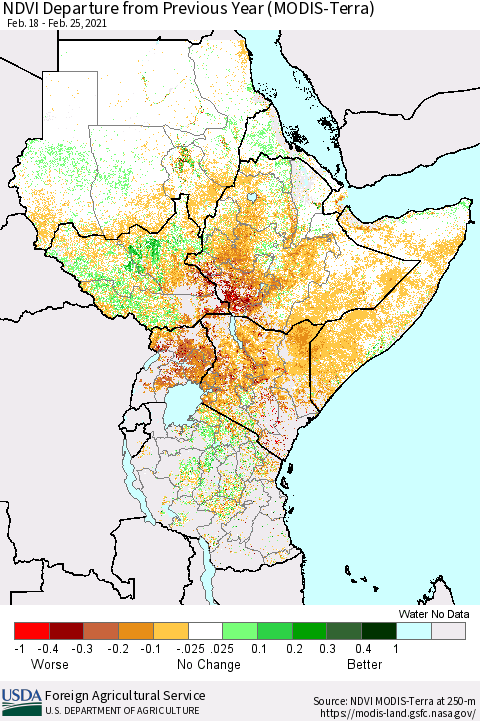 Eastern Africa NDVI Departure from Previous Year (MODIS-Terra) Thematic Map For 2/21/2021 - 2/28/2021