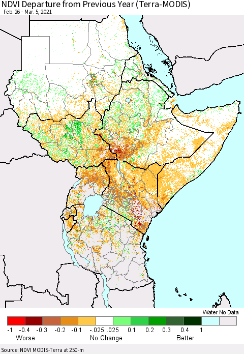Eastern Africa NDVI Departure from Previous Year (Terra-MODIS) Thematic Map For 2/26/2021 - 3/5/2021