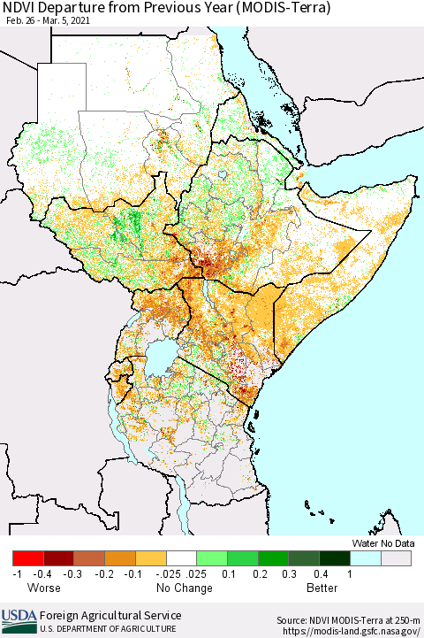 Eastern Africa NDVI Departure from Previous Year (MODIS-Terra) Thematic Map For 3/1/2021 - 3/10/2021