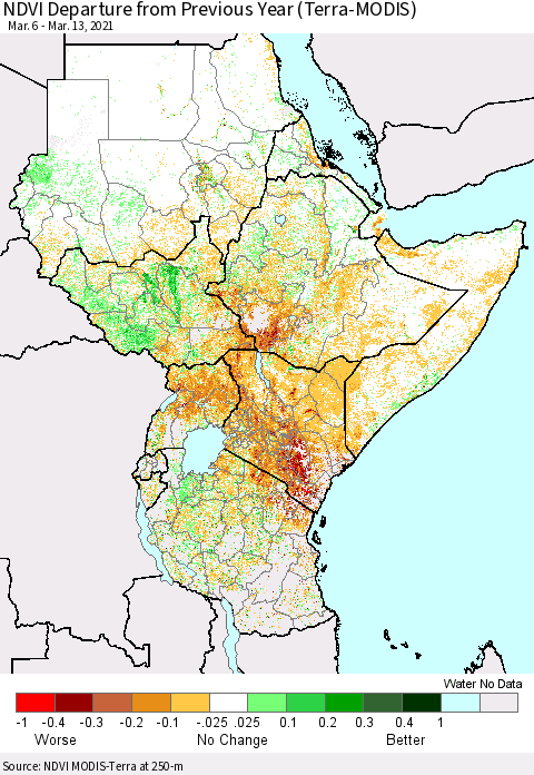 Eastern Africa NDVI Departure from Previous Year (Terra-MODIS) Thematic Map For 3/6/2021 - 3/13/2021