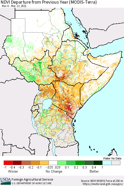 Eastern Africa NDVI Departure from Previous Year (Terra-MODIS) Thematic Map For 3/11/2021 - 3/20/2021