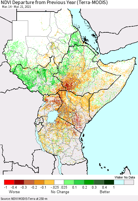 Eastern Africa NDVI Departure from Previous Year (Terra-MODIS) Thematic Map For 3/14/2021 - 3/21/2021
