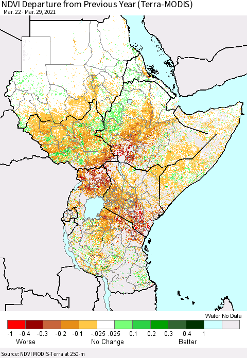 Eastern Africa NDVI Departure from Previous Year (Terra-MODIS) Thematic Map For 3/22/2021 - 3/29/2021