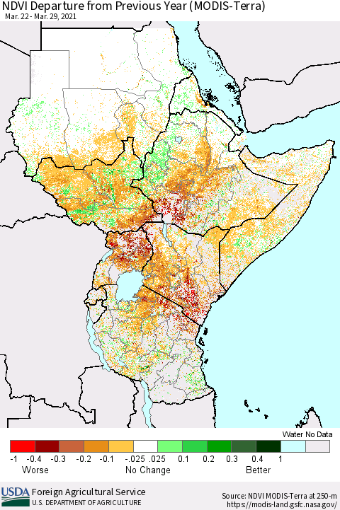 Eastern Africa NDVI Departure from Previous Year (Terra-MODIS) Thematic Map For 3/21/2021 - 3/31/2021