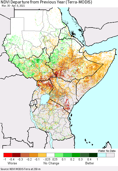 Eastern Africa NDVI Departure from Previous Year (Terra-MODIS) Thematic Map For 3/30/2021 - 4/6/2021
