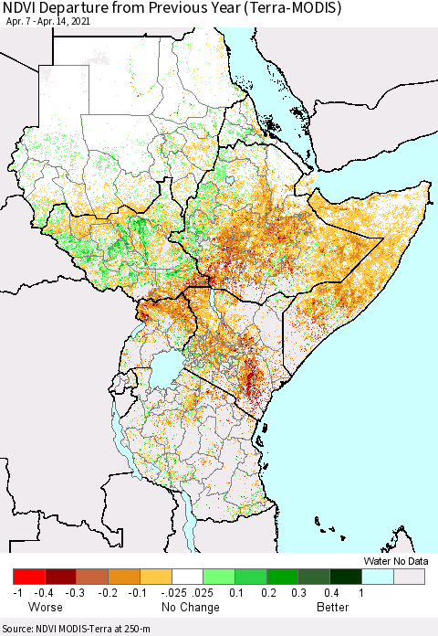 Eastern Africa NDVI Departure from Previous Year (Terra-MODIS) Thematic Map For 4/7/2021 - 4/14/2021